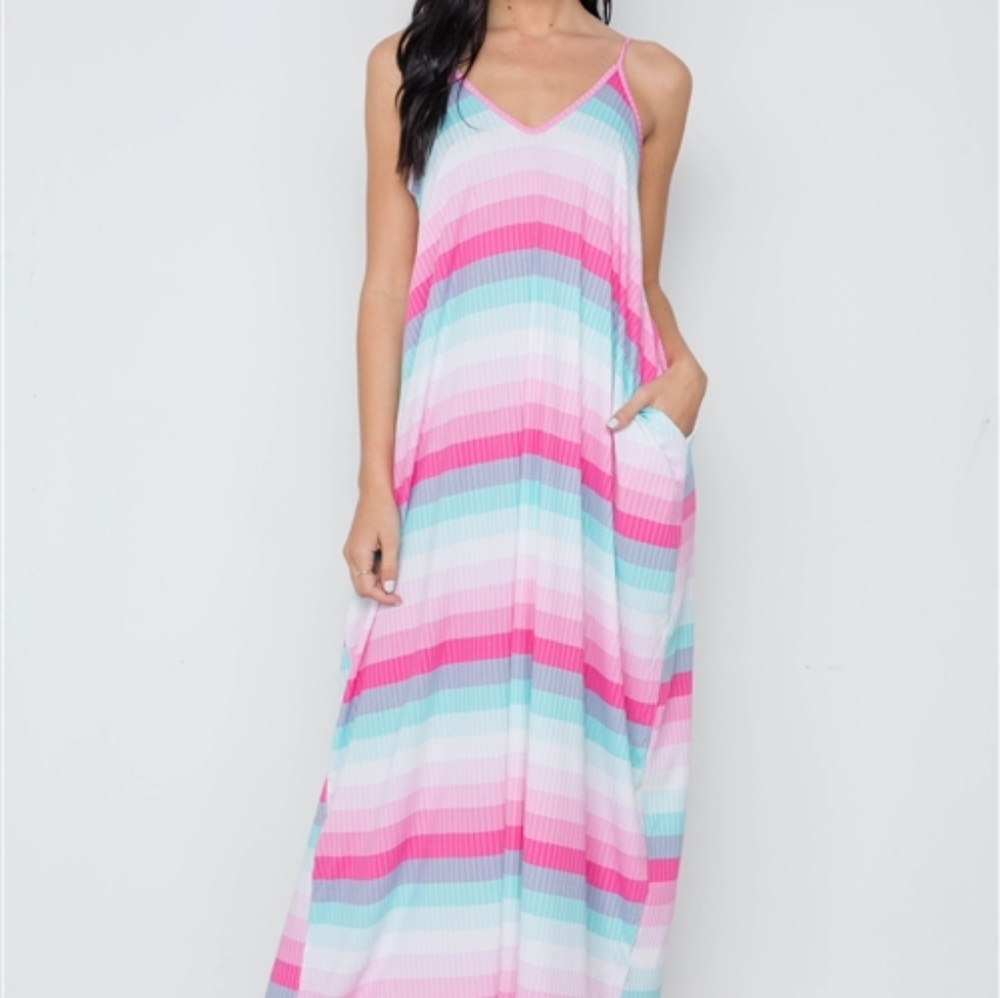 CANDY SHOP STRIPED POCKETED PINK & BLUE MAXI DRESS - Picture 4 of 7